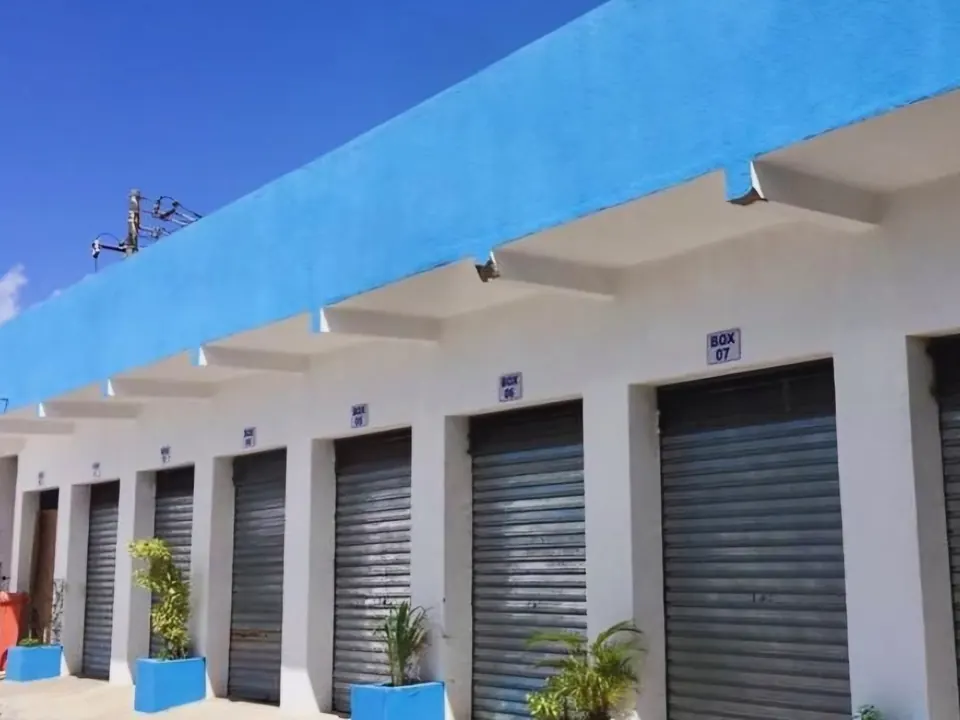 Fachada dos boxes do guarda-móveis, com portas de enrolar e vasos azuis